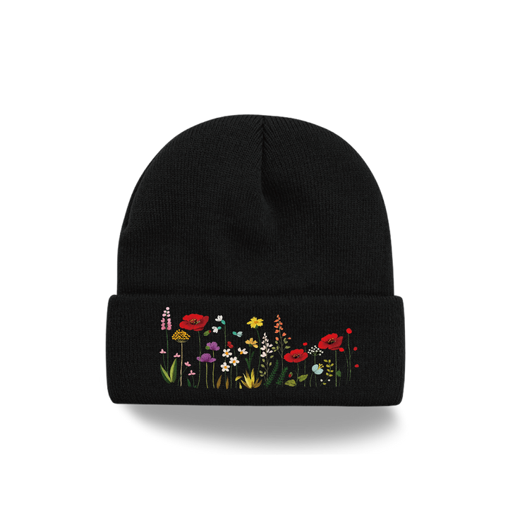 Wildflower Embroidered Black Beanie | Floral Garden Knit Hat