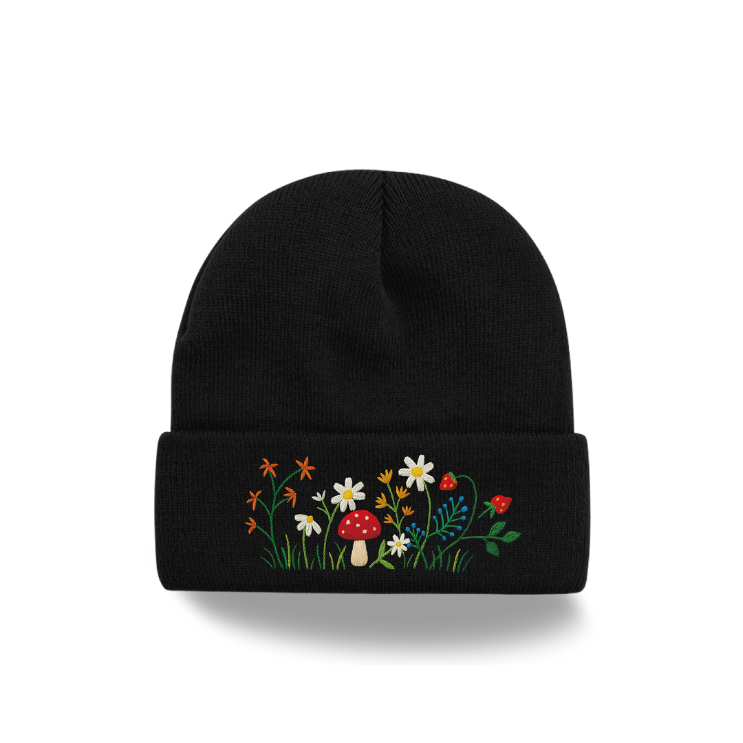 Mushroom Floral Embroidered Beanie | Forest Garden Knit Hat