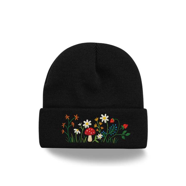 Mushroom Floral Embroidered Beanie | Forest Garden Knit Hat