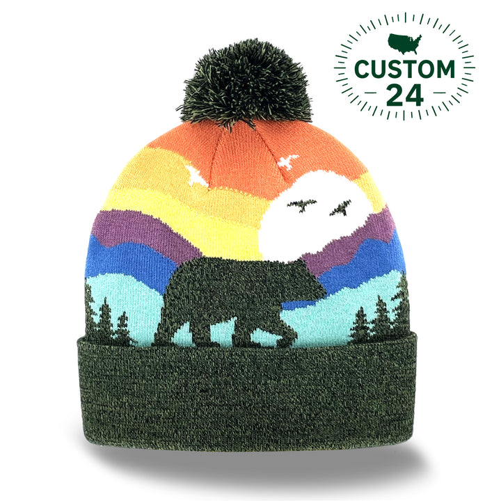 Bear Mountain Sunset Family Matching Beanie Hat with Pom Pom Winter Warm Knit Cap