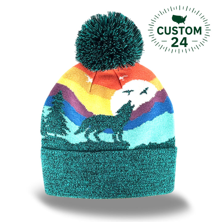 Kid Wolf Beanie Hat with Pom Pom Mountain Sunset Knit Cap