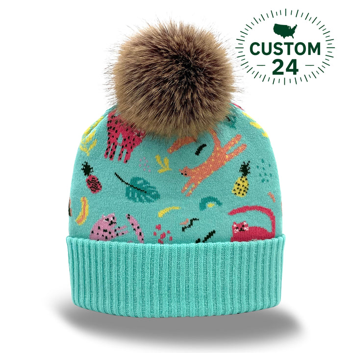 Tropical Animal Jacquard Pom Beanie | Family Matching Winter Knit Beanie with Faux Fur Pom