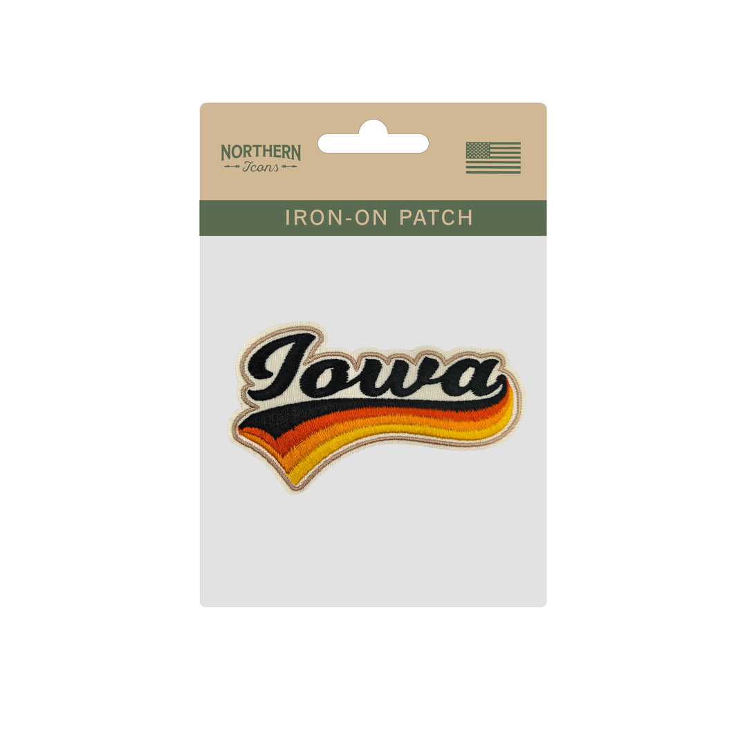 Iowa Retro Script Embroidered Iron-On Patch | Vintage State Name Travel Souvenir Applique for Jackets, Hats & Backpacks