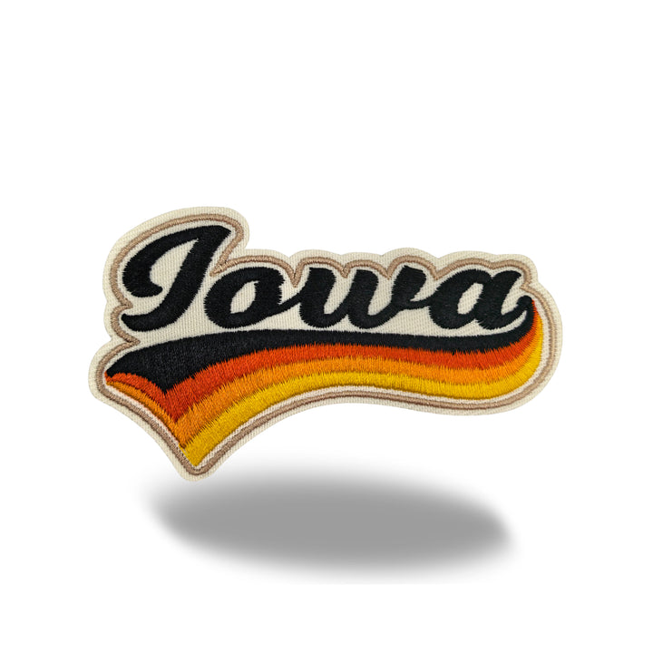 Iowa Retro Script Embroidered Iron-On Patch | Vintage State Name Travel Souvenir Applique for Jackets, Hats & Backpacks