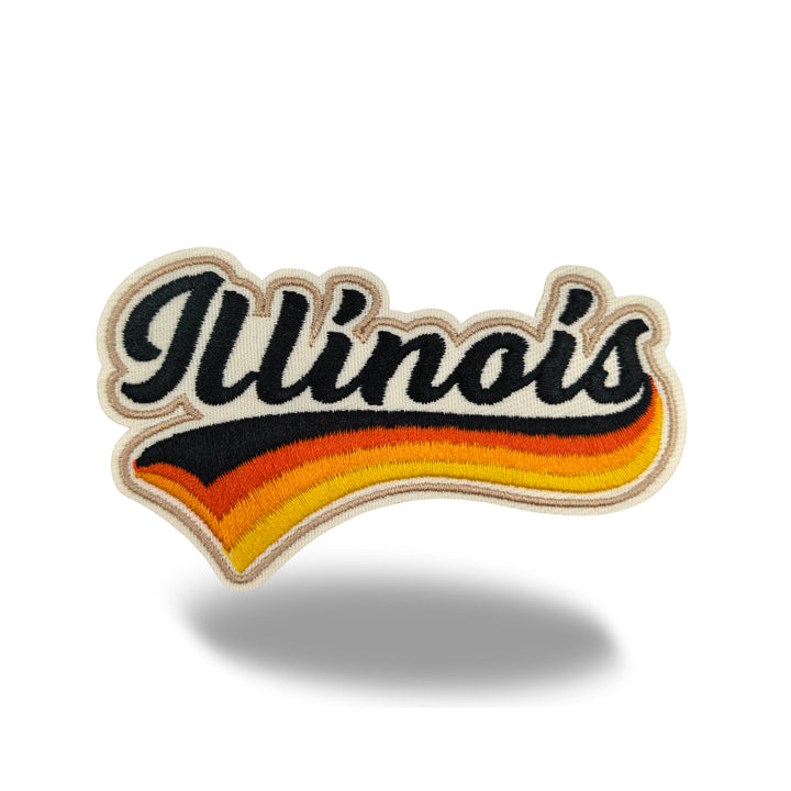 Illinois Retro Script Embroidered Iron-On Patch | Vintage State Name Travel Souvenir Applique for Jackets, Hats & Backpacks